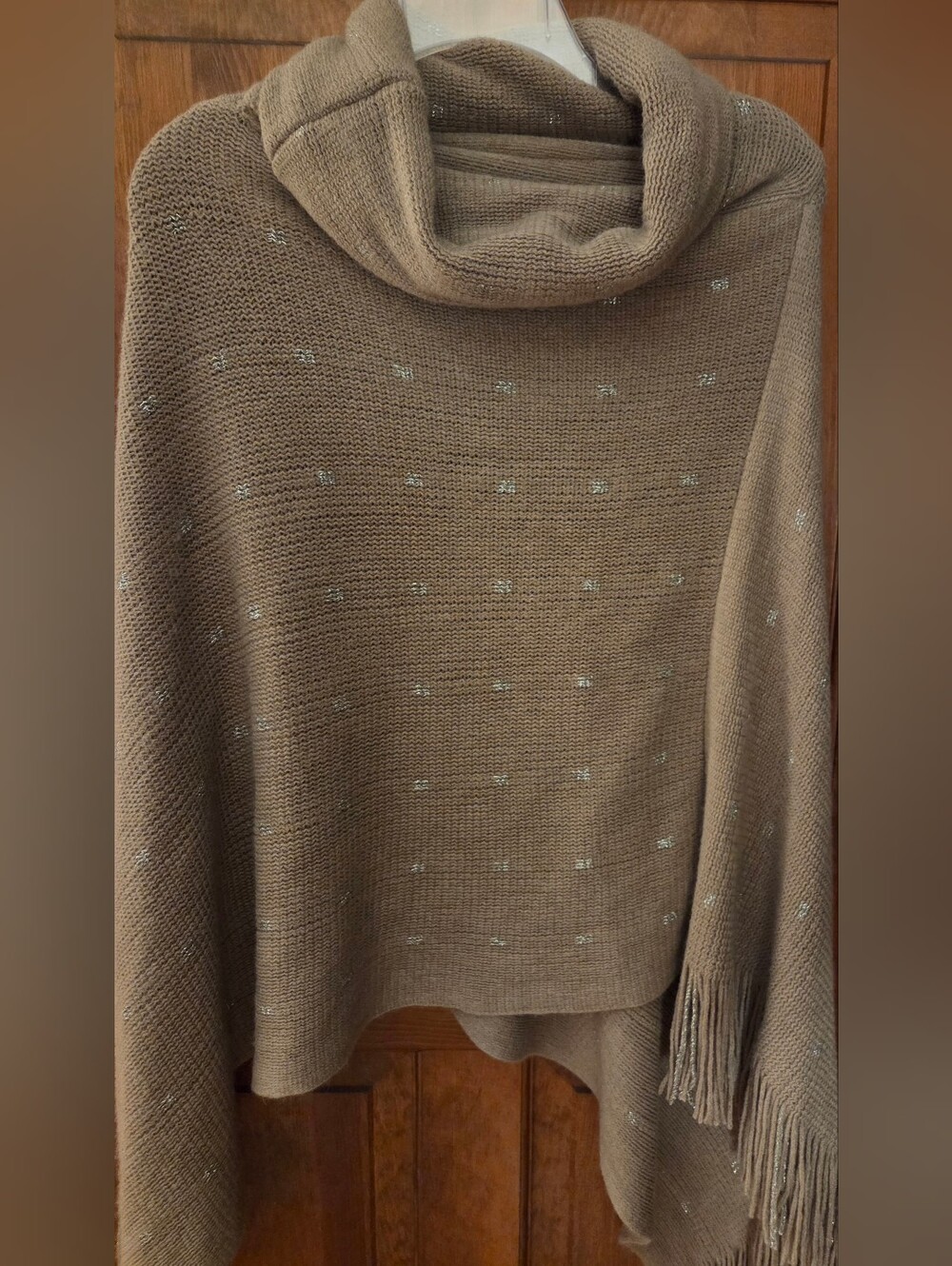 Taupe Metallic Knit Poncho Cowl Neck Fringe Sweater One Size